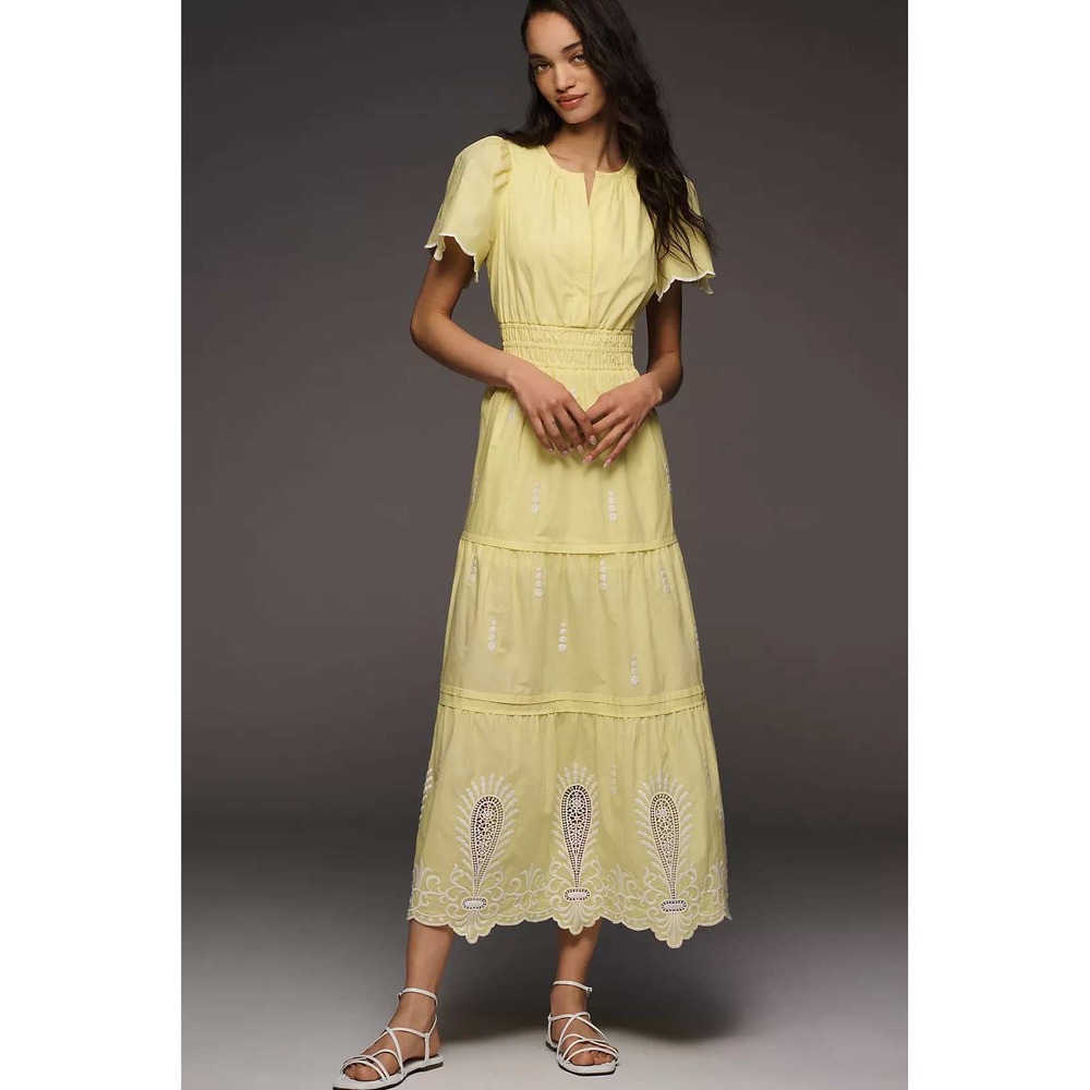 Anthropologie Somerset Eyelet Embroidered Tiered Maxi Dress XS Honey Dew NWT